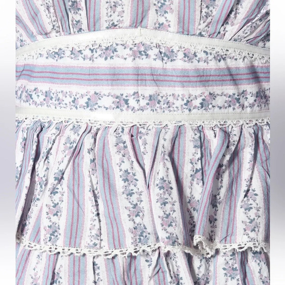LOVESHACKFANCY Astor Striped Ruffle-Tiered Dress Blue & White Floral Long Sleeve - Picture 7 of 12